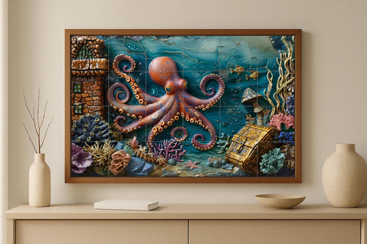 Underwater octopus mural: Nautical ceramic art with coral reef, treasure chest and sea castle / Made in Spain