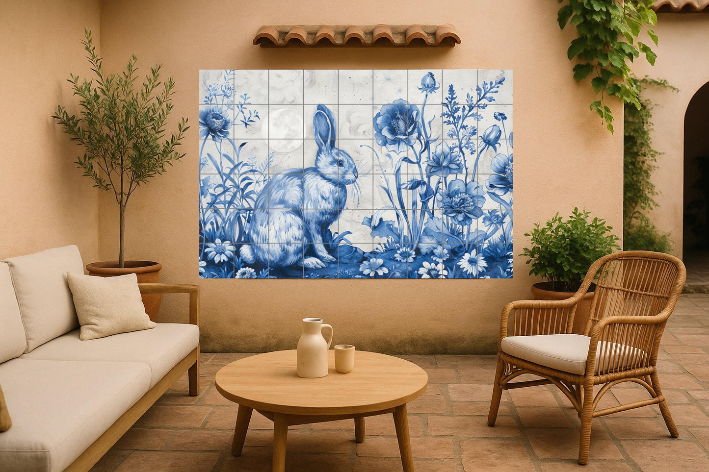 Blue Rabbit Floral Mural – Delft Tile Art with Rabbit and Moon in a Botanical Garden / Ceramic Wall Panel Made in Spain