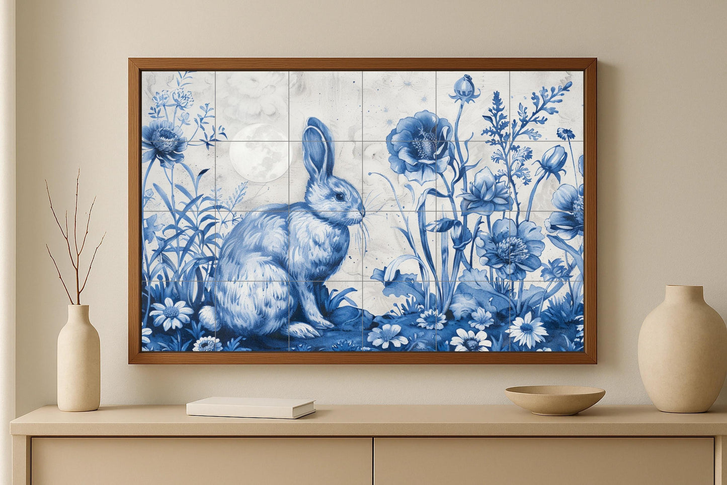 Blue Rabbit Floral Mural – Delft Tile Art with Rabbit and Moon in a Botanical Garden / Ceramic Wall Panel Made in Spain
