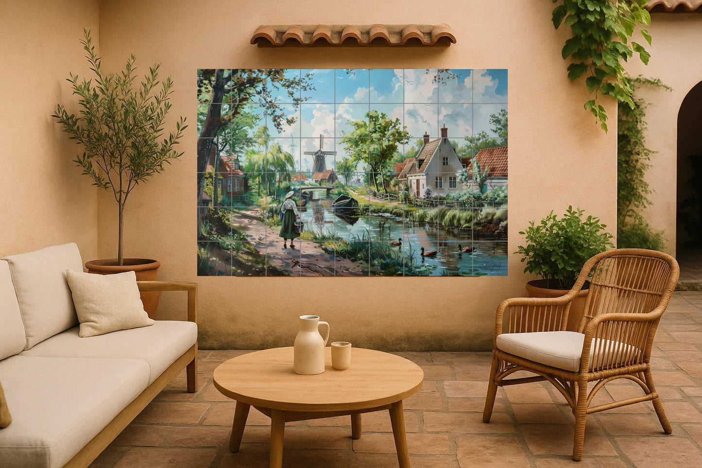 Romantic mural of the Dutch countryside: village scene with canals, ducks, windmill and flowering cottage / Handmade ceramic tile mural art