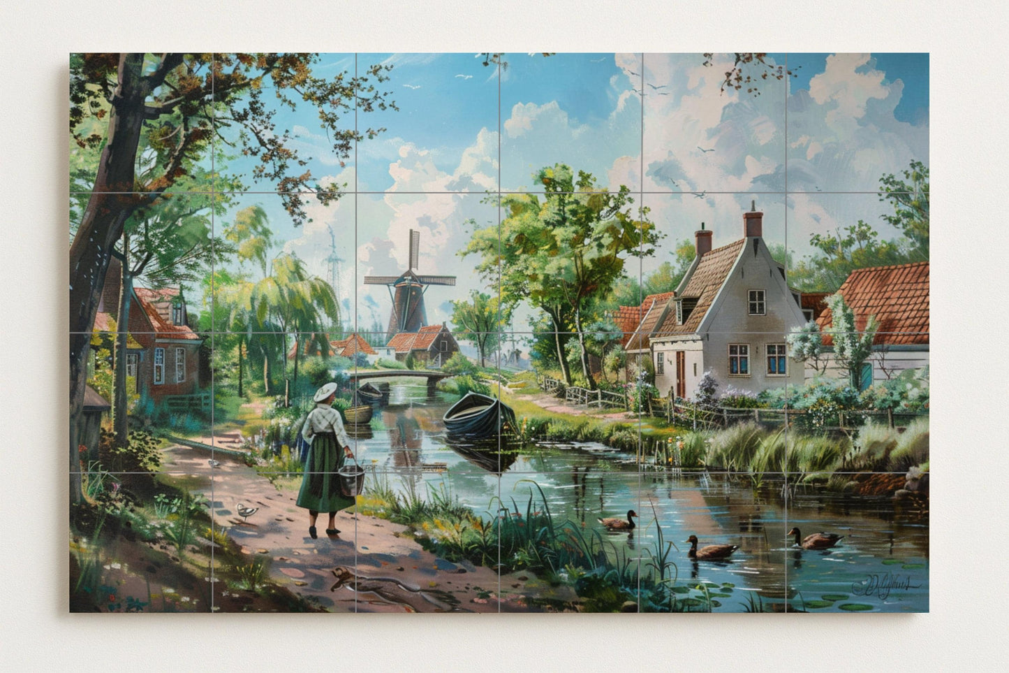 Romantic mural of the Dutch countryside: village scene with canals, ducks, windmill and flowering cottage / Handmade ceramic tile mural art