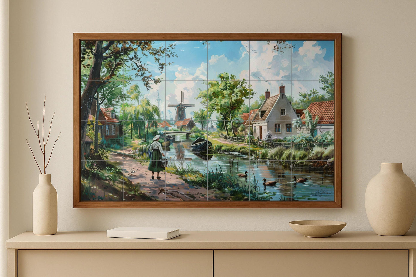 Romantic mural of the Dutch countryside: village scene with canals, ducks, windmill and flowering cottage / Handmade ceramic tile mural art