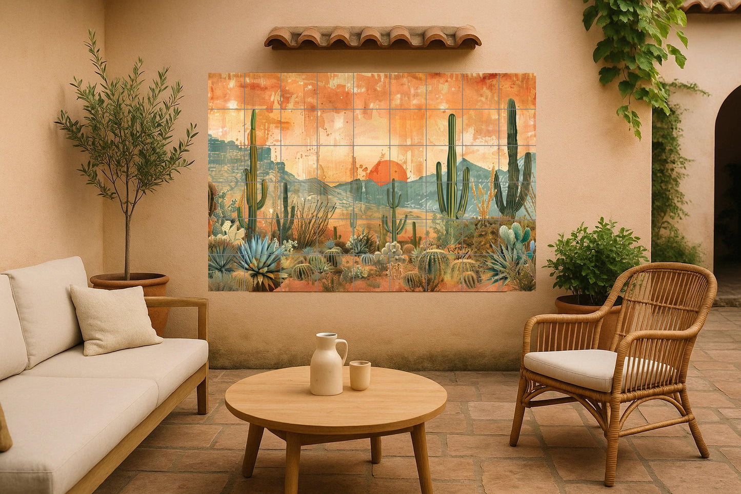Desert Sunset Cactus Mural / Southwestern Tile Mural Art / Agave and Saguaro Landscape / Arizona Desert Mood Home Decor