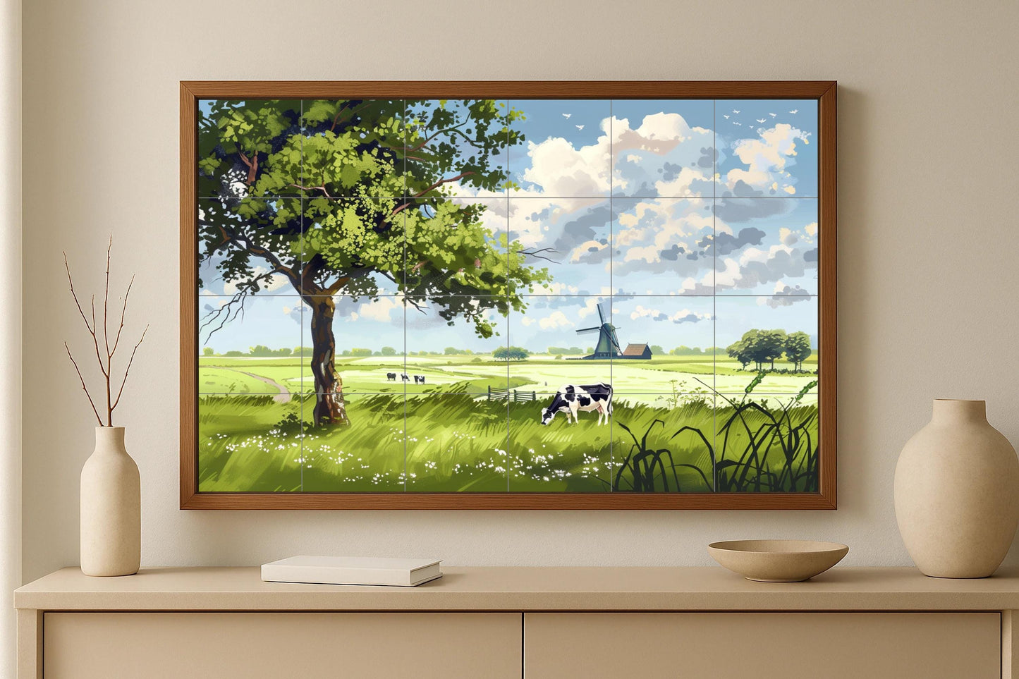 Mural of the Dutch Golden Plains / Pastoral scene of windmill and cow / European rural mural art / Rural tile decoration of the Netherlands