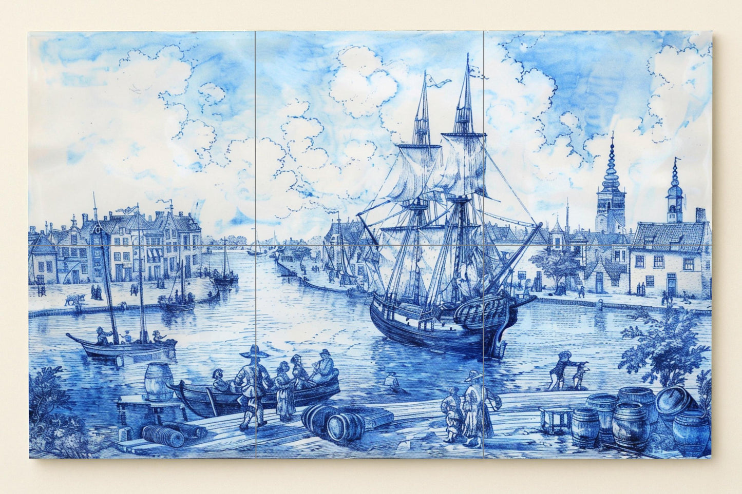 Delft Blue Ship Tile Mural • Dutch Golden Age Harbor Scene • Historic Maritime Wall Art with Canals and Sailing Ships in Classical Porcelain Style