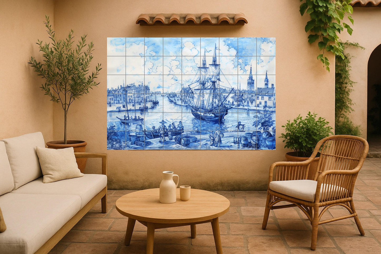 Delft Blue Ship Tile Mural • Dutch Golden Age Harbor Scene • Historic Maritime Wall Art with Canals and Sailing Ships in Classical Porcelain Style