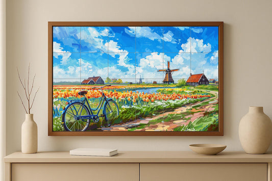 Tile mural of a Dutch tulip field • Dutch landscape with windmill and bicycle • Colorful wall art for nature and travel lovers