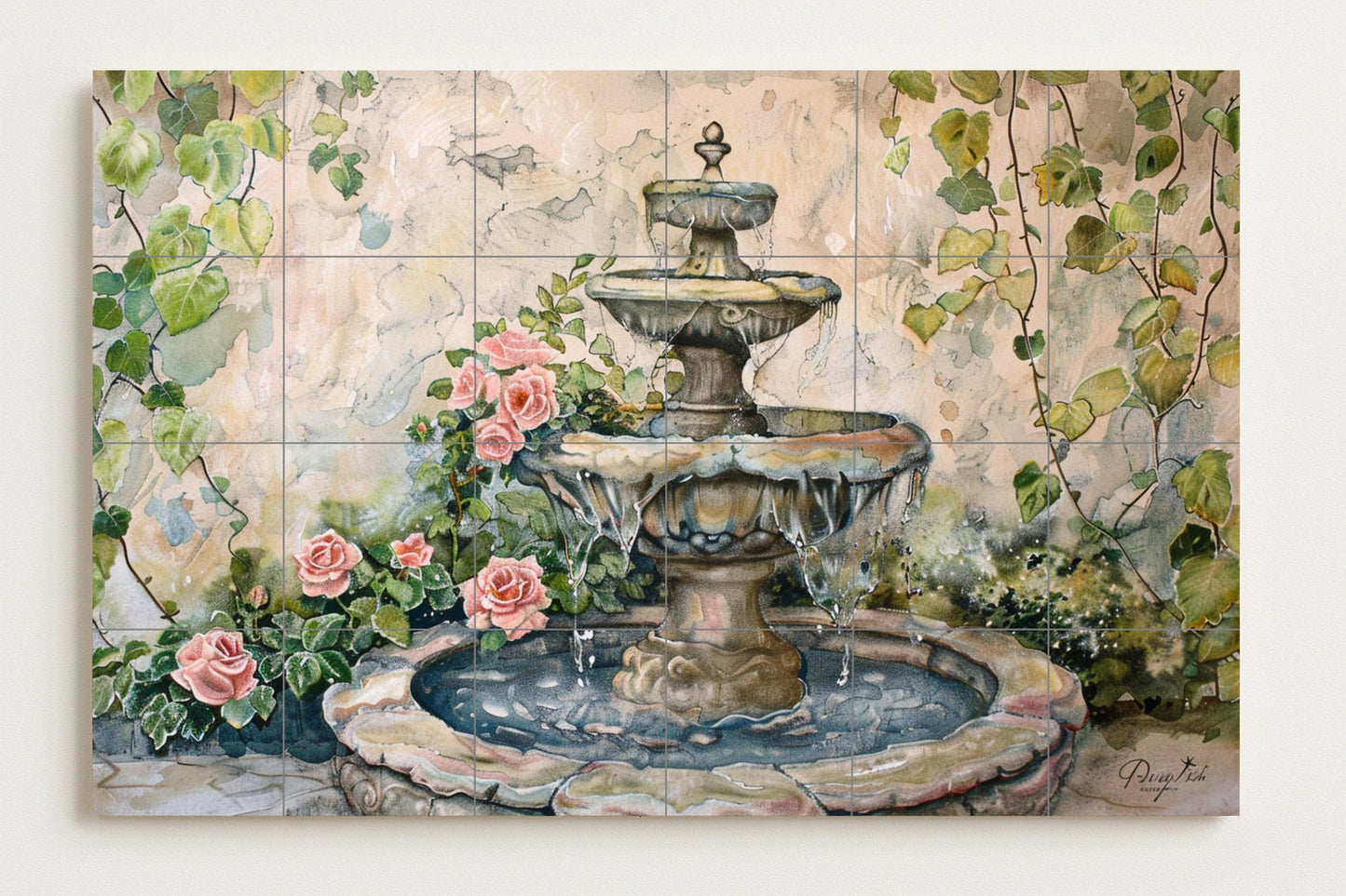 Spanish patio mural • Seville fountain tile mural art • Cordoba rose decoration • Andalusian garden panel • Ivy ceramics • Granada patio charm