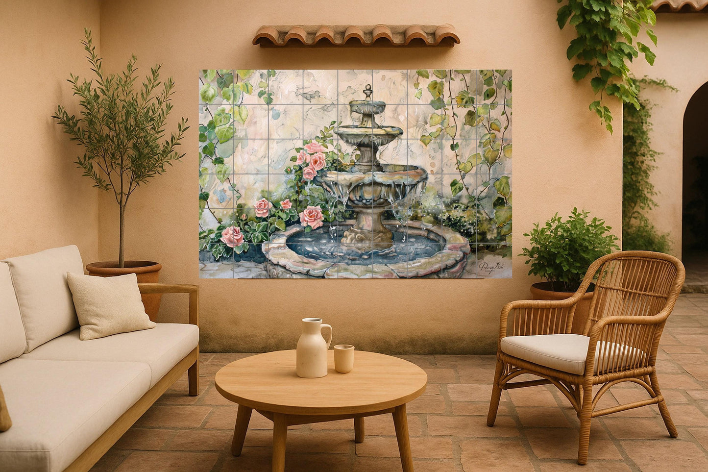 Spanish patio mural • Seville fountain tile mural art • Cordoba rose decoration • Andalusian garden panel • Ivy ceramics • Granada patio charm