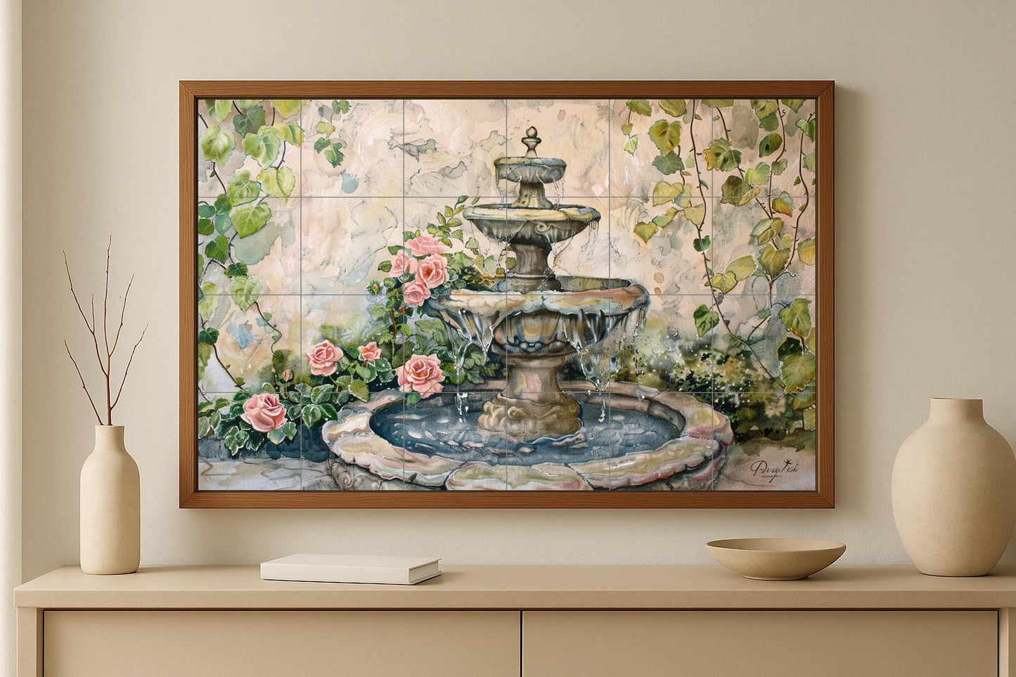 Spanish patio mural • Seville fountain tile mural art • Cordoba rose decoration • Andalusian garden panel • Ivy ceramics • Granada patio charm
