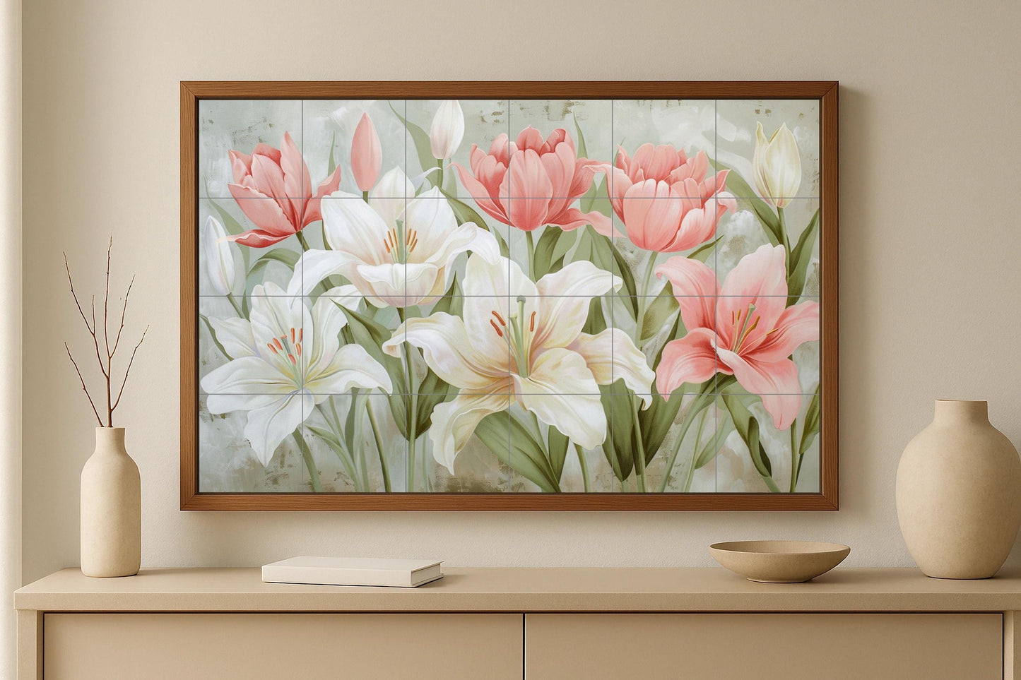 Hanakotoba Floral Mural • Japanese Lily Tile Wall Art • Symbolic Tulip Decoration • Serenity Flower Panel • Purity Ceramics • Soft Floral Harmony