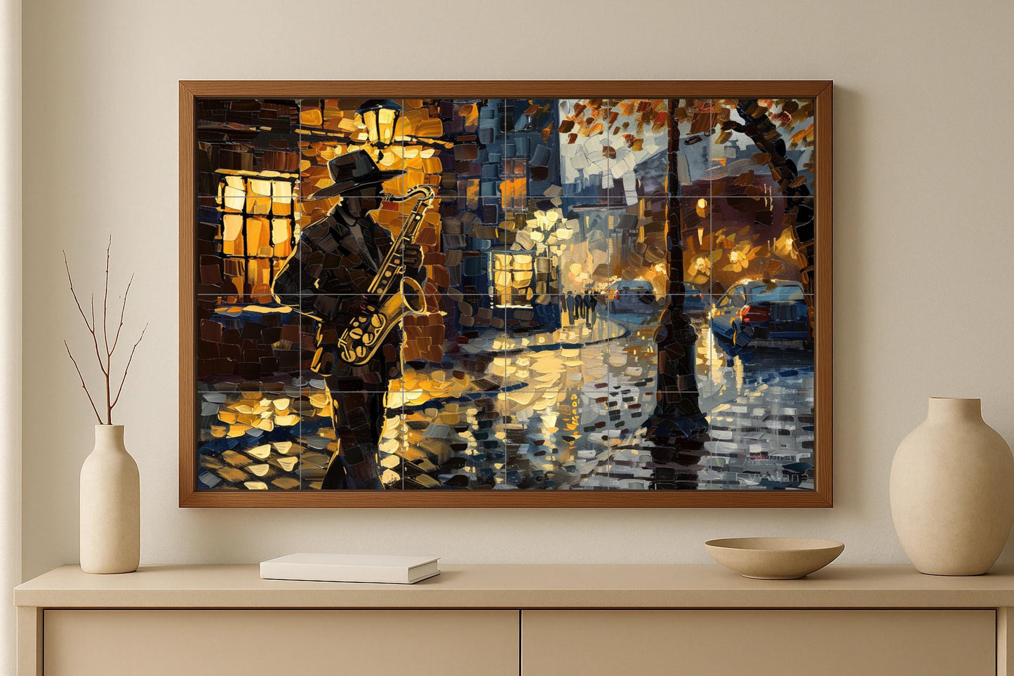 New Orleans Jazz Mural • Saxophone Tile Mural Art • Bourbon Street Decor • Night Music Panel • French Quarter Pottery • Blues Scene in the Rain