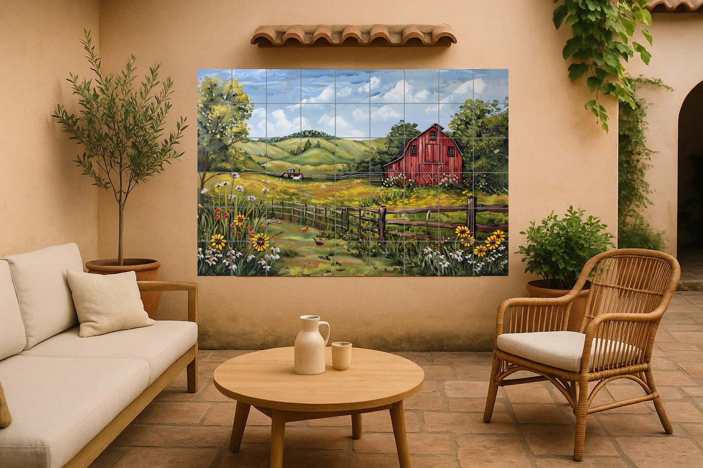 American Farmhouse Mural • Red Barn Tile Wall Art • Summer Country Decor • Midwestern Flower Panel • Vintage Rural Pottery • Historic Farmhouse
