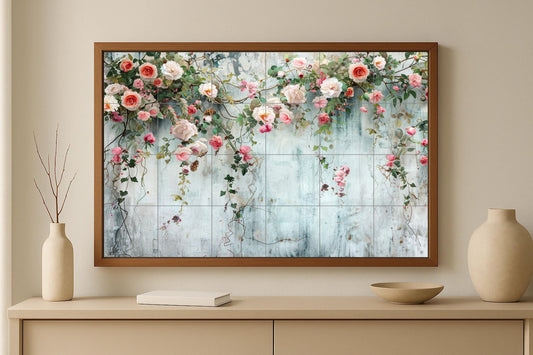 French castle mural • Greenhouse rose tile wall art • Antique flower decor • Vintage plasterboard • Romantic floral ceramics • Loire Garden