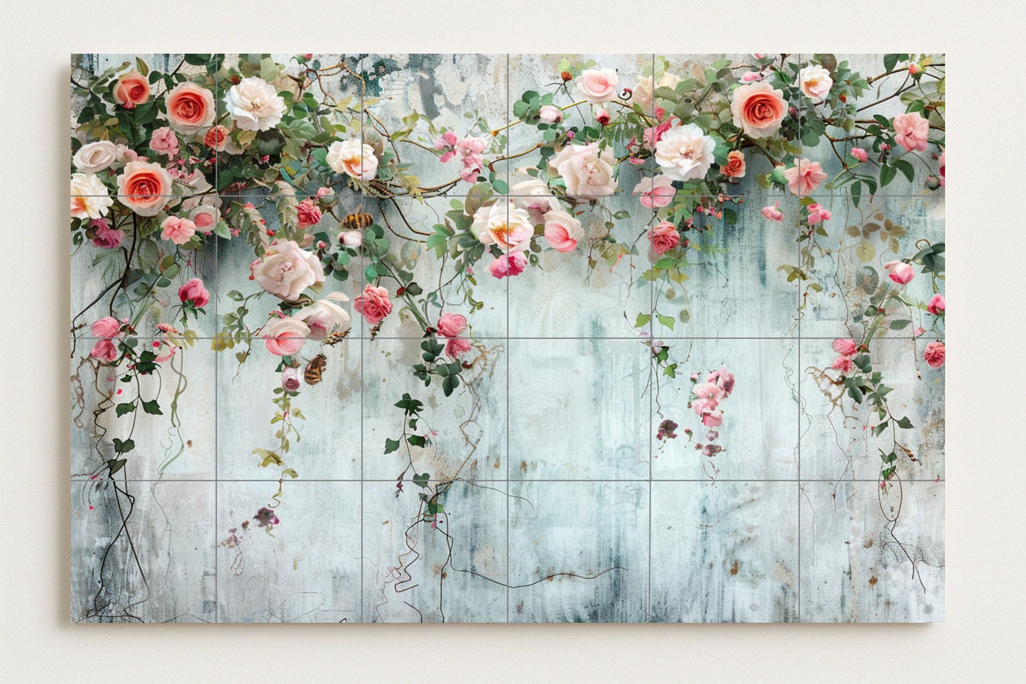 French castle mural • Greenhouse rose tile wall art • Antique flower decor • Vintage plasterboard • Romantic floral ceramics • Loire Garden