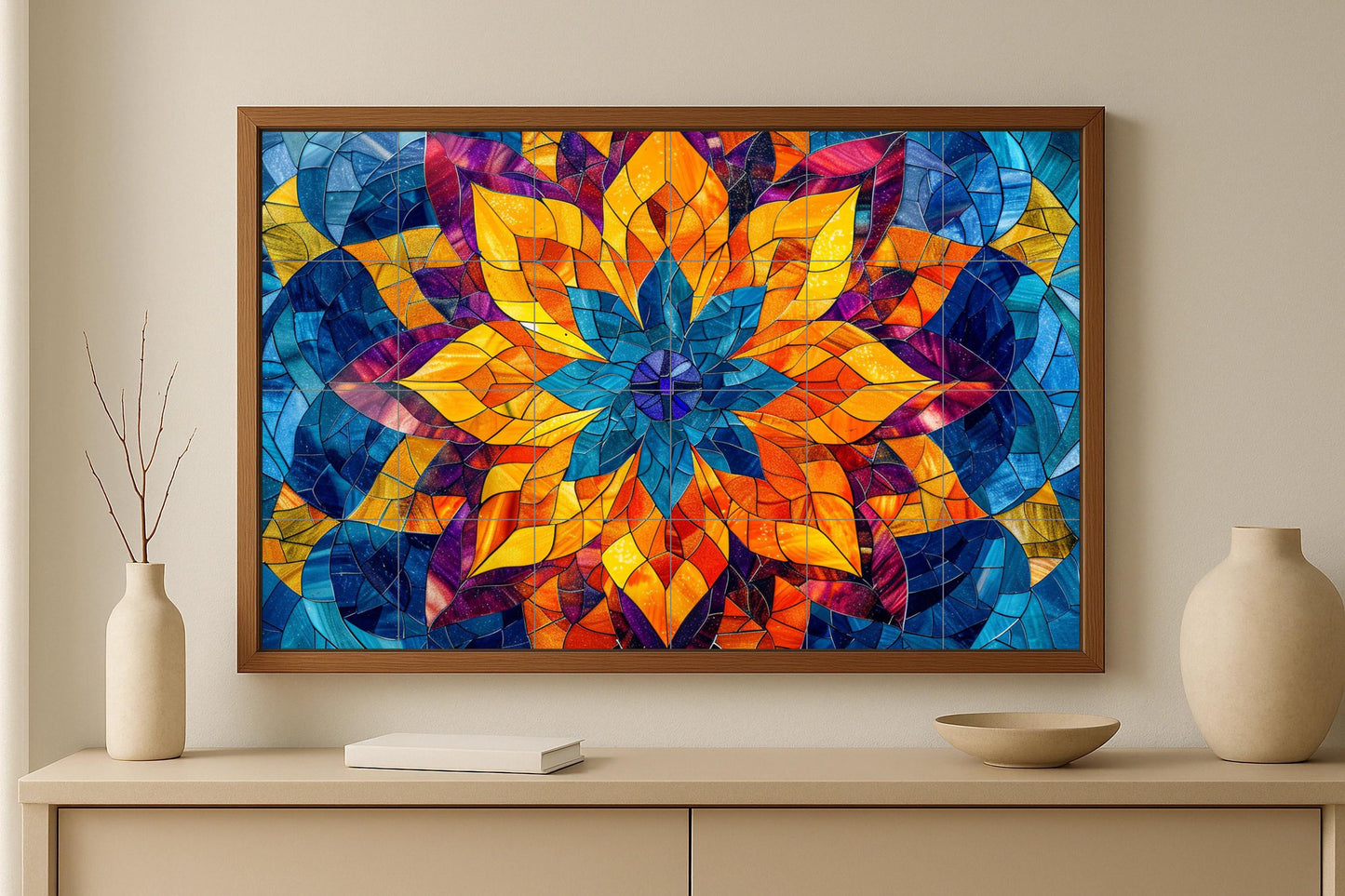 Indian Lotus Mandala Tile Mural • Radiant floral geometry inspired by sacred art and popular color from Jaipur • Spiritual interior accent