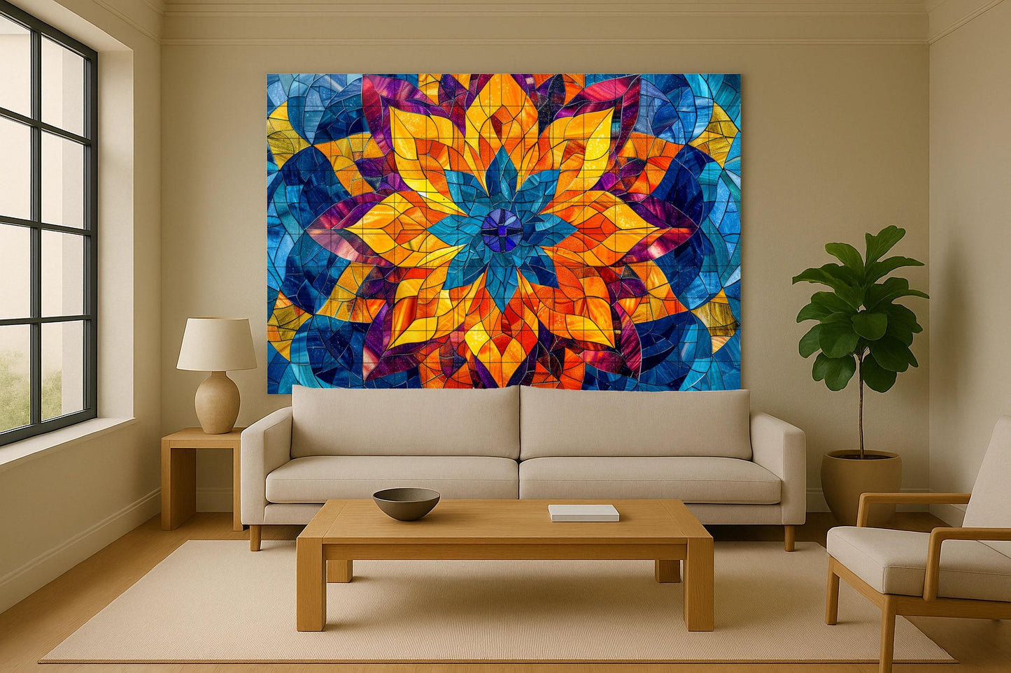 Indian Lotus Mandala Tile Mural • Radiant floral geometry inspired by sacred art and popular color from Jaipur • Spiritual interior accent
