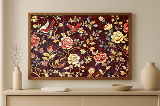 Majolica wall mural • Floral art on dark burgundy tiles with birds inspired by Kashan pottery and Persian embroidered fabrics