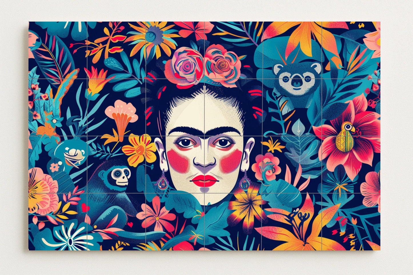 Frida Kahlo Mural • Bold Mexican ceramic tile art featuring monkeys, flowers, and tropical foliage in an Oaxacan color palette
