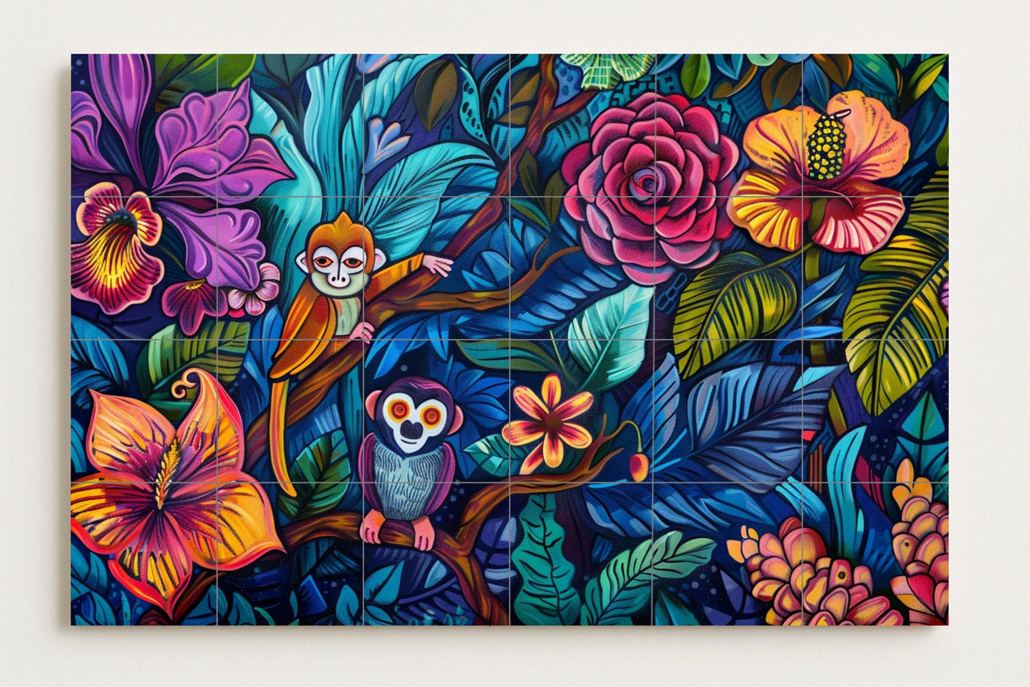 Amazon Rainforest Mural • Vibrant ceramic tile panel featuring monkeys, tropical flowers, and lush rainforest foliage