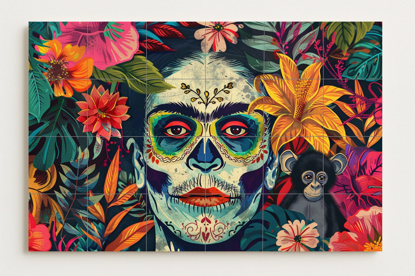 Frida Kahlo's Jungle of Skulls • Mexican-inspired tile mural featuring Day of the Dead motifs, tropical flowers, and a monkey companion