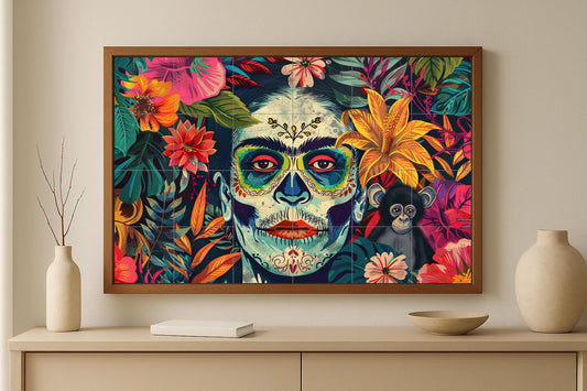 Frida Kahlo's Jungle of Skulls • Mexican-inspired tile mural featuring Day of the Dead motifs, tropical flowers, and a monkey companion