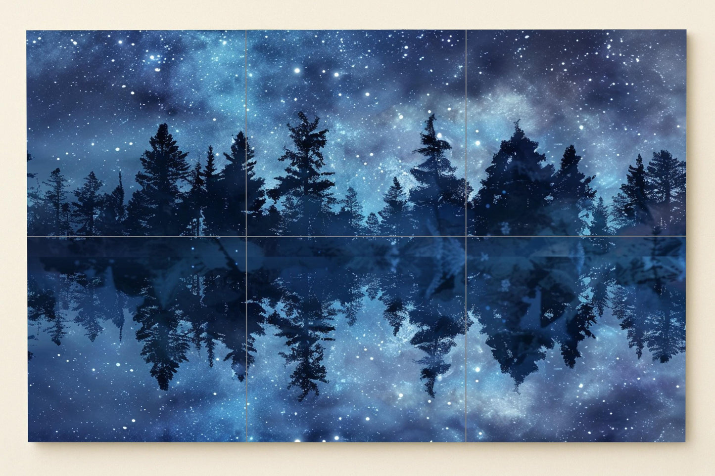 Reflections of the Celestial Forest • Ceramic tile mural with starry sky and pine trees for modern Nordic-inspired wall art