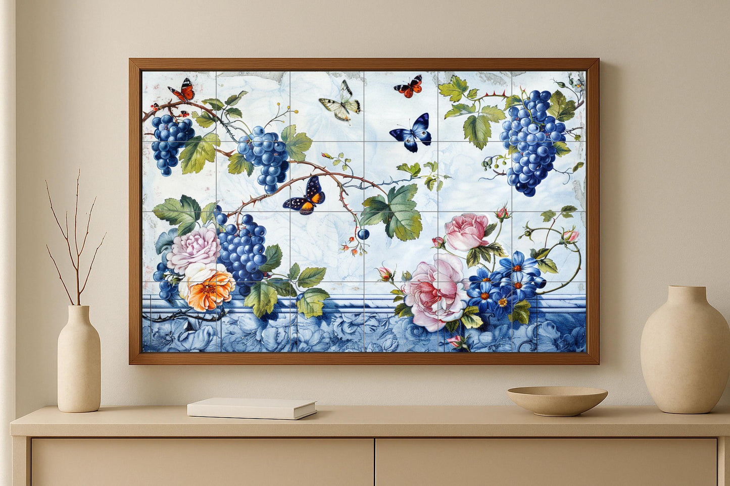Ceramic mural of butterflies and grapes • Floral tile mural art • Tile panel with classic Lisbon botanical vineyard design