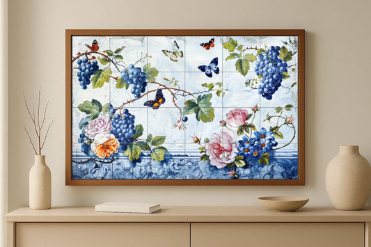 Ceramic mural of butterflies and grapes • Floral tile mural art • Tile panel with classic Lisbon botanical vineyard design