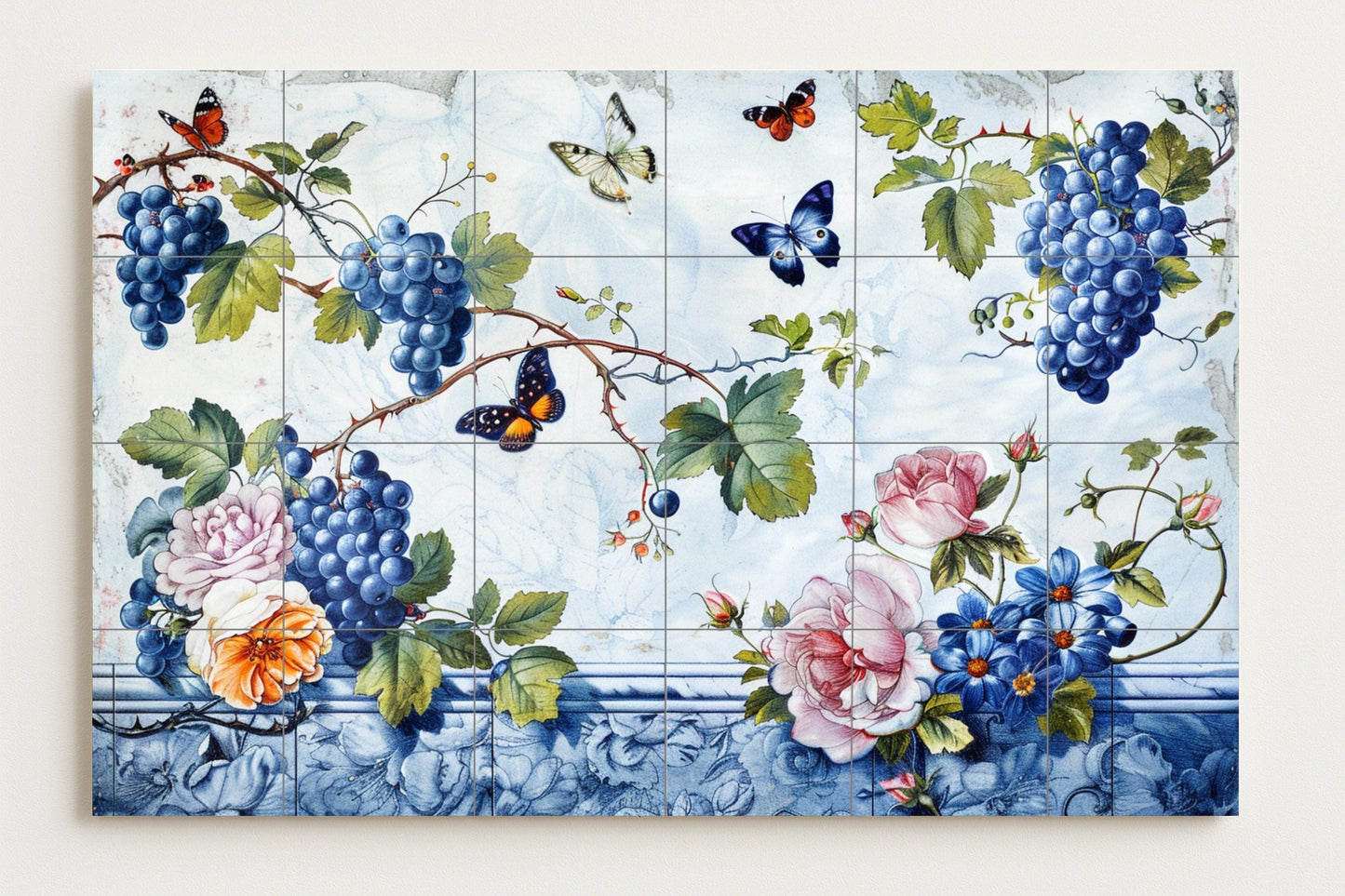 Ceramic mural of butterflies and grapes • Floral tile mural art • Tile panel with classic Lisbon botanical vineyard design