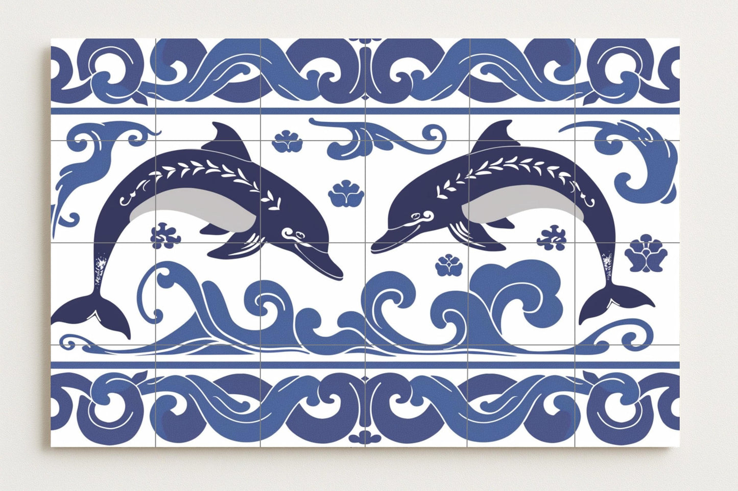 Knossos Dolphin Tile Mural • Minoan Marine Art Panel • Aegean Wave Pottery • Blue and White Wall Decor Inspired by the Greek Islands