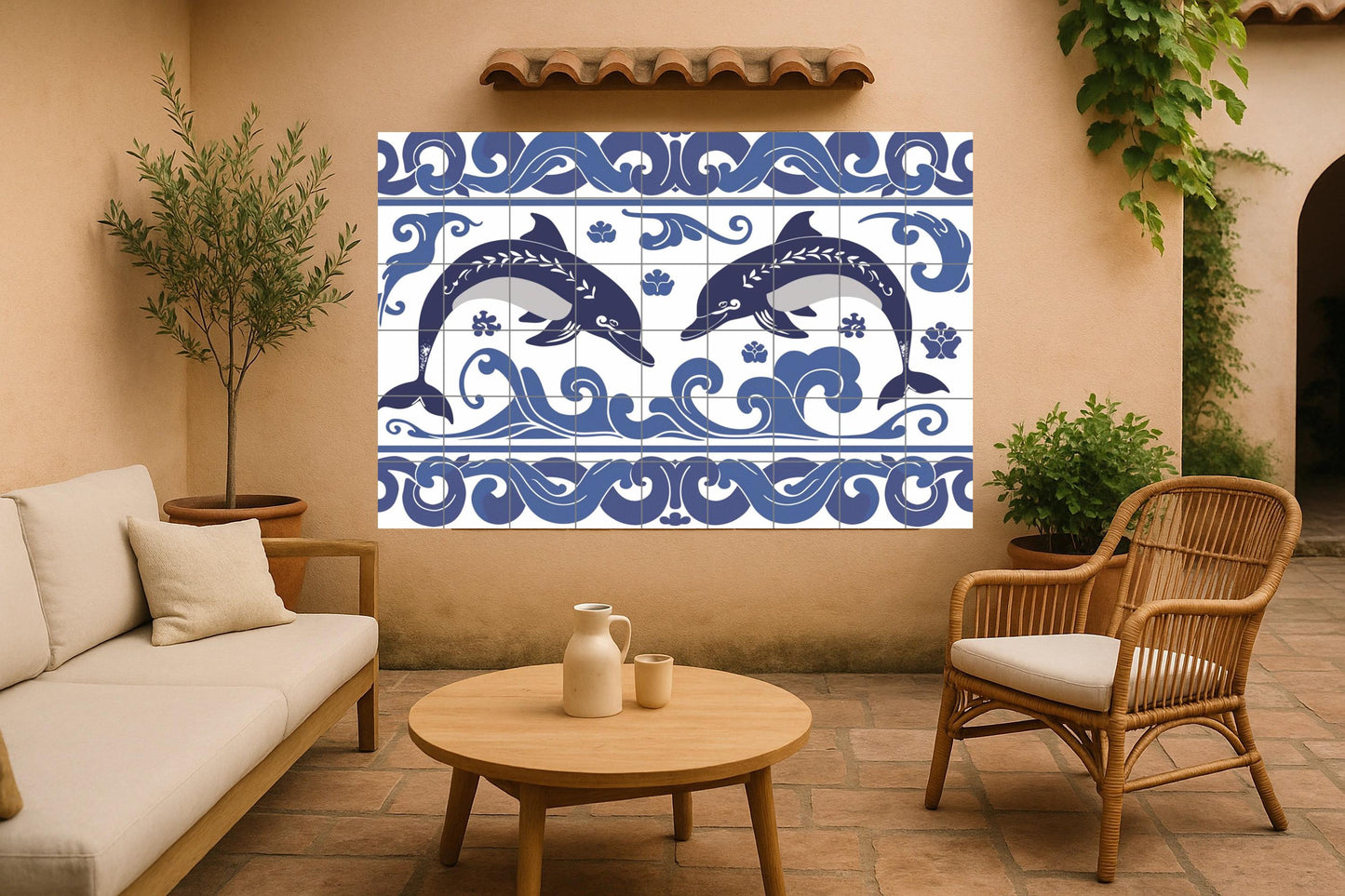 Knossos Dolphin Tile Mural • Minoan Marine Art Panel • Aegean Wave Pottery • Blue and White Wall Decor Inspired by the Greek Islands