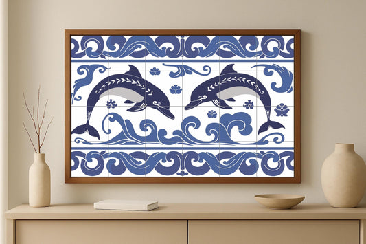 Knossos Dolphin Tile Mural • Minoan Marine Art Panel • Aegean Wave Pottery • Blue and White Wall Decor Inspired by the Greek Islands