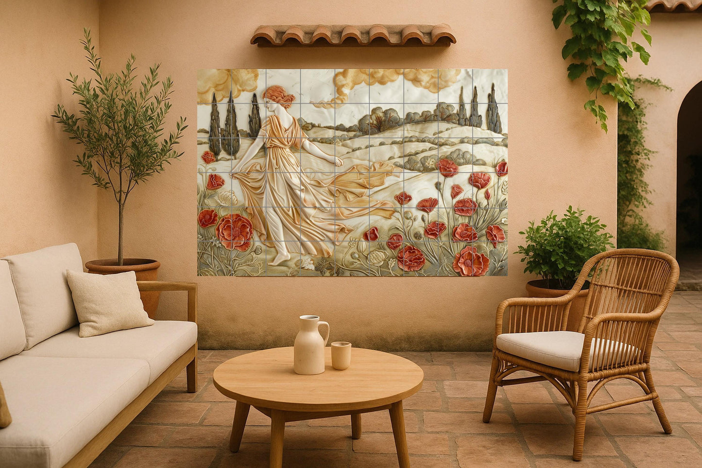 Classical Roman tile mural • Relief art of an Italian poppy field • Ceramic wall decoration with cypress tree • Renaissance countryside panel