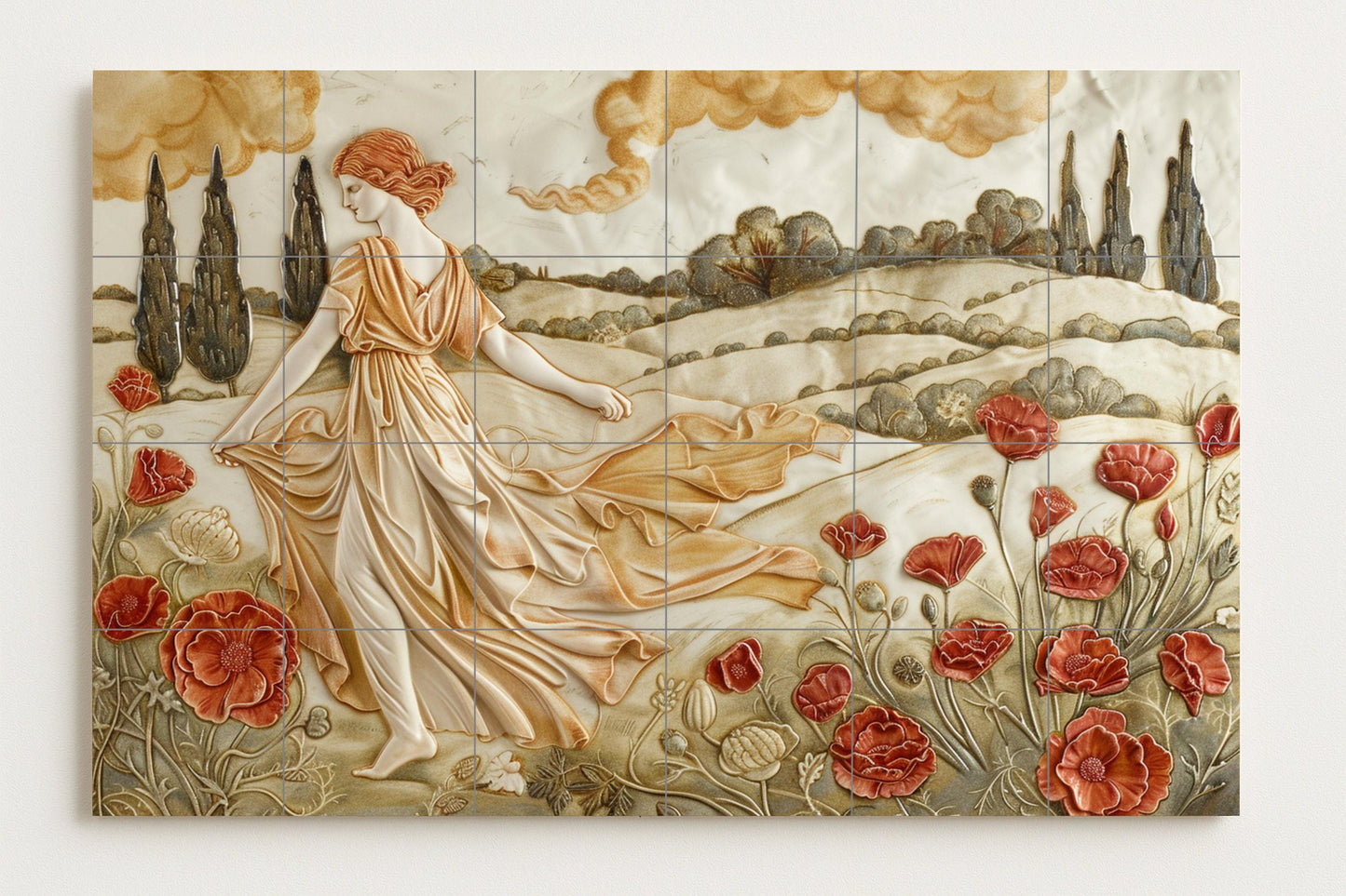 Classical Roman tile mural • Relief art of an Italian poppy field • Ceramic wall decoration with cypress tree • Renaissance countryside panel