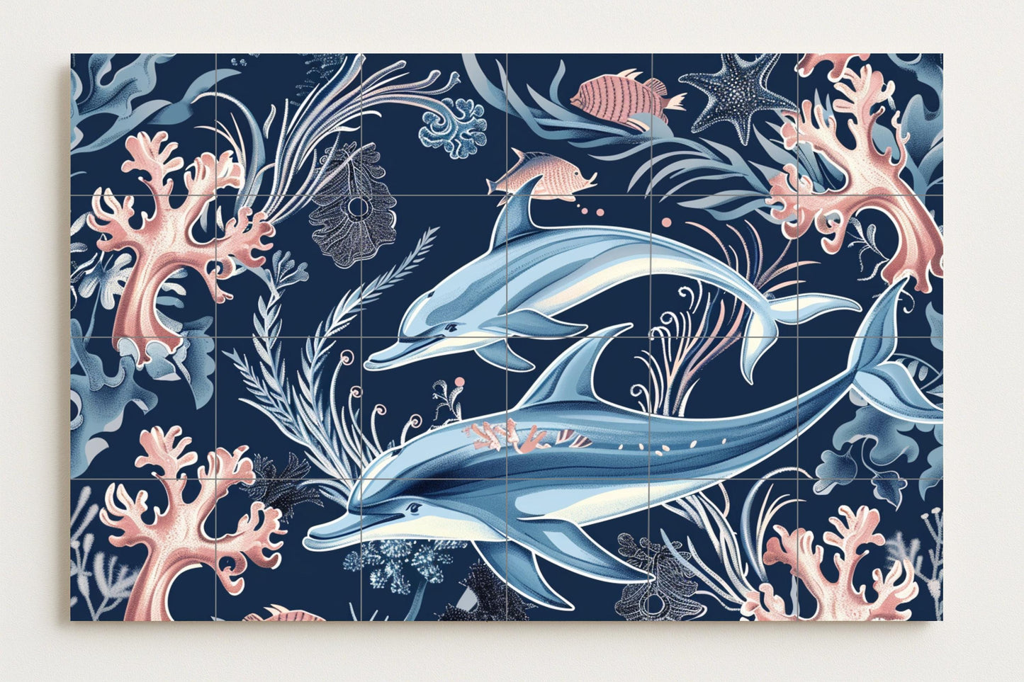 Tropical Ocean Tile Mural • Caribbean Dolphin Ceramic Wall Art • Coral Reef Fish Scene • Underwater Marine Decor • Coastal Blue Panel
