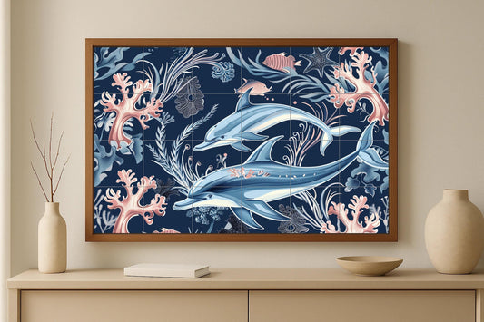 Tropical Ocean Tile Mural • Caribbean Dolphin Ceramic Wall Art • Coral Reef Fish Scene • Underwater Marine Decor • Coastal Blue Panel