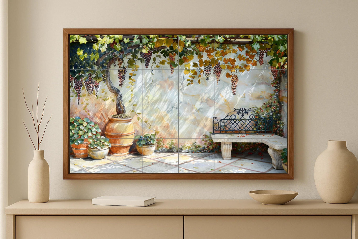 Patio tile mural with Tuscan vineyard • Ceramic Italian terrace grapes • Mediterranean garden art with bench • Rustic patio wall decor