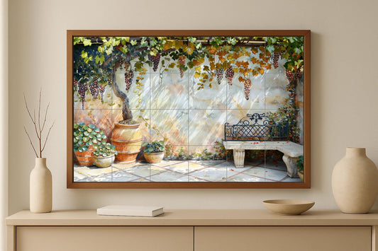 Patio tile mural with Tuscan vineyard • Ceramic Italian terrace grapes • Mediterranean garden art with bench • Rustic patio wall decor