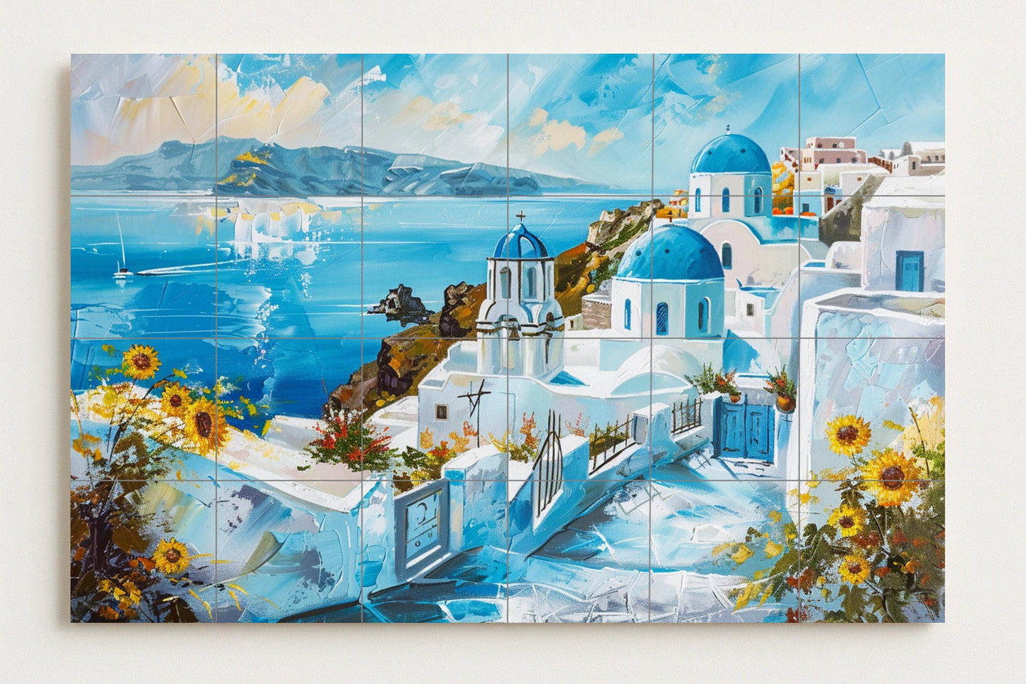 Santorini ceramic mural • View of the Greek island with blue domes • White houses and marine art of the Cyclades • Mediterranean kitchen decor