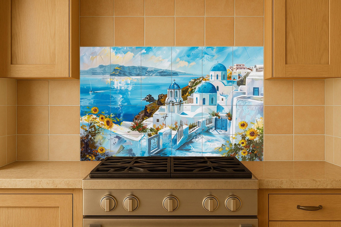 Santorini ceramic mural • View of the Greek island with blue domes • White houses and marine art of the Cyclades • Mediterranean kitchen decor