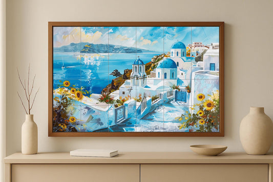 Santorini ceramic mural • View of the Greek island with blue domes • White houses and marine art of the Cyclades • Mediterranean kitchen decor