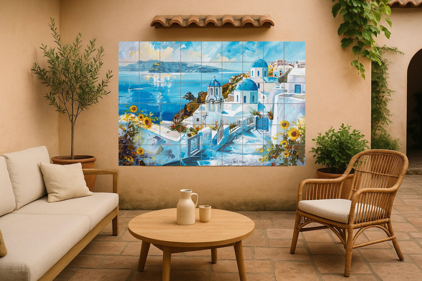 Santorini ceramic mural • View of the Greek island with blue domes • White houses and marine art of the Cyclades • Mediterranean kitchen decor