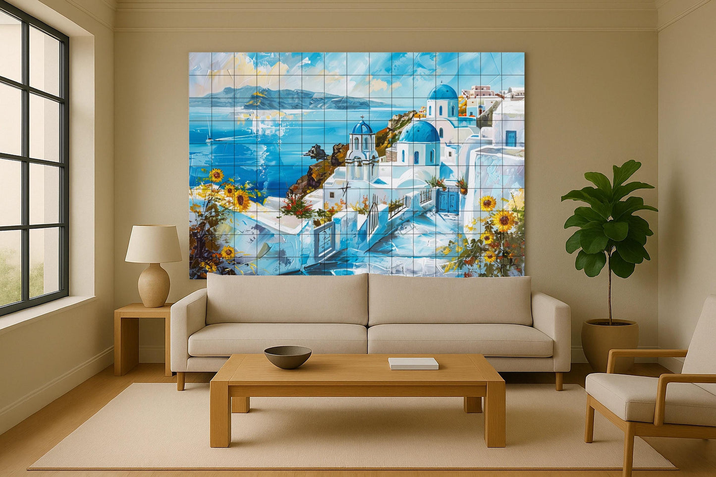 Santorini ceramic mural • View of the Greek island with blue domes • White houses and marine art of the Cyclades • Mediterranean kitchen decor