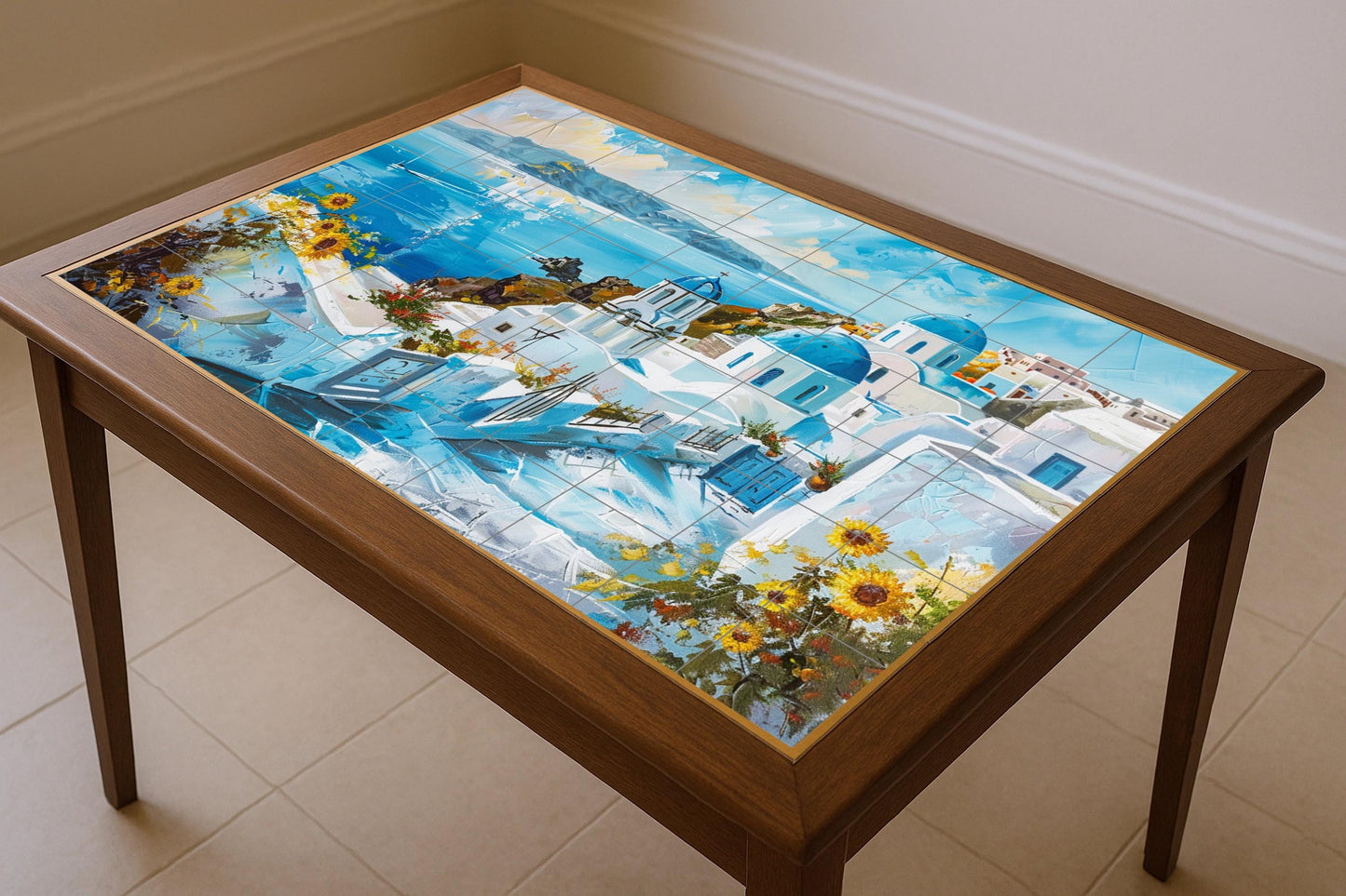 Santorini ceramic mural • View of the Greek island with blue domes • White houses and marine art of the Cyclades • Mediterranean kitchen decor