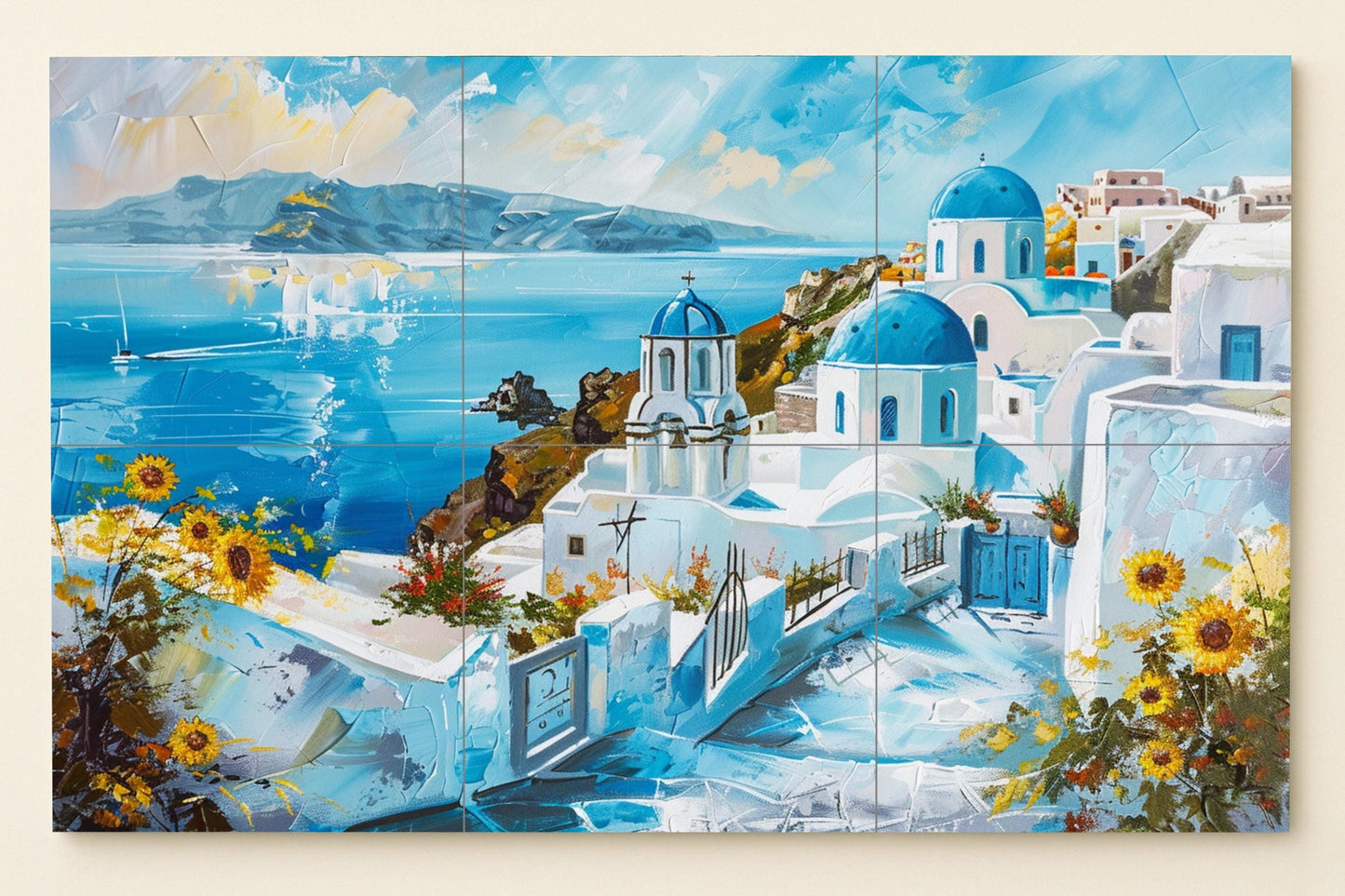 Santorini ceramic mural • View of the Greek island with blue domes • White houses and marine art of the Cyclades • Mediterranean kitchen decor