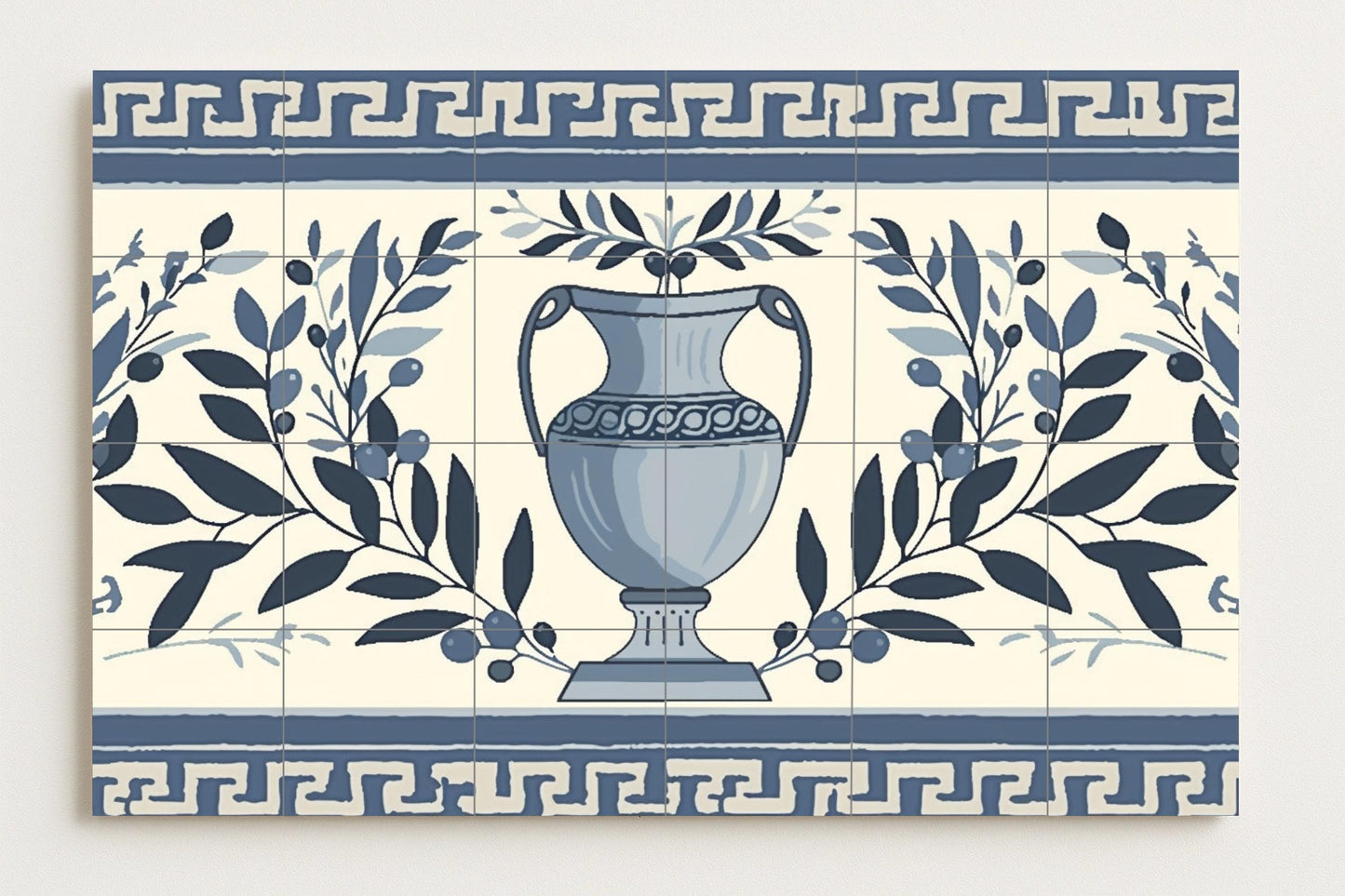 Tile mural with Greek olive vase • Hellenic ceramic kitchen panel • Santorini meander border wall art • Classical ceramic decoration