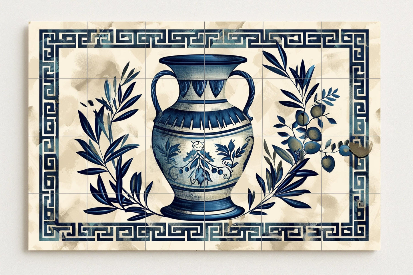 Greek amphora tile mural • Ceramic olive branch and meander border • Athenian blue wall art • Mediterranean ceramic kitchen decor