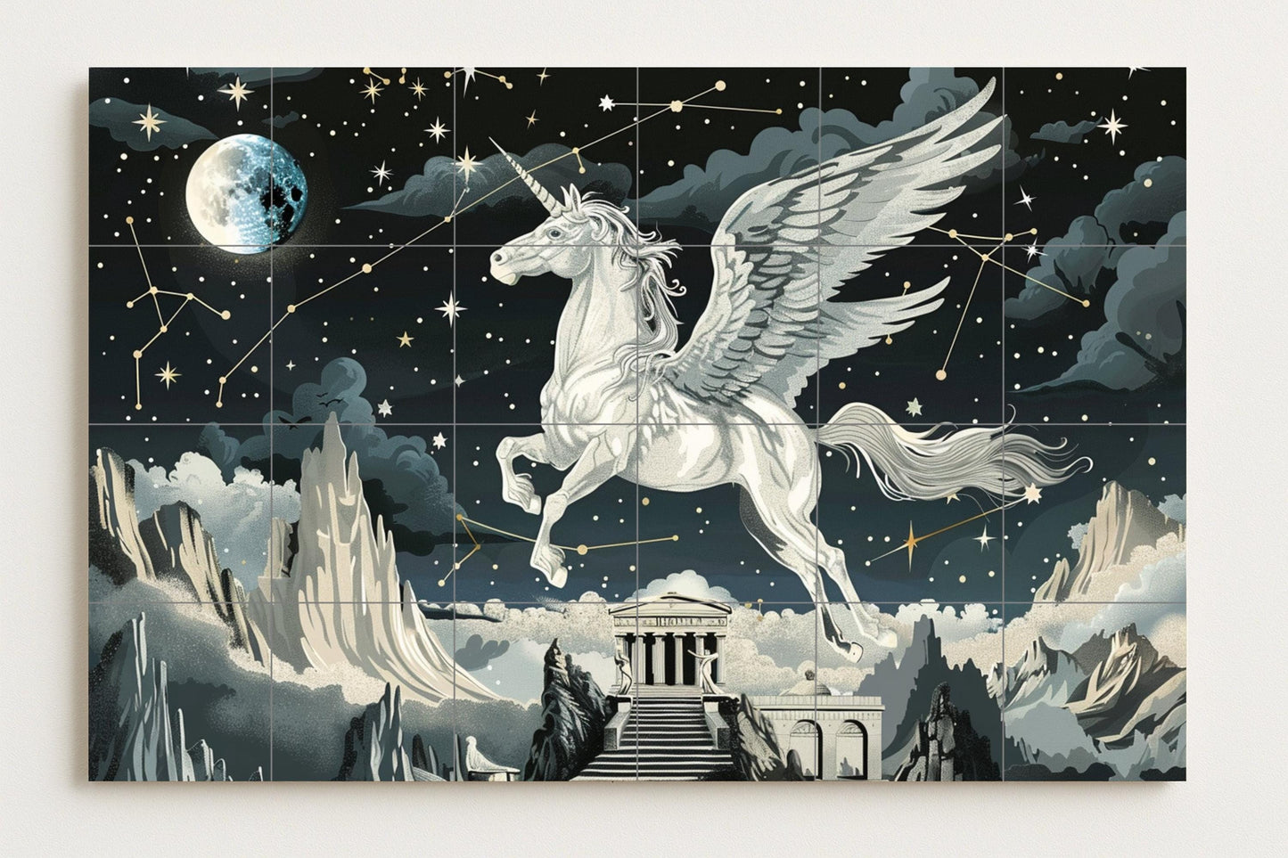 Mythical Pegasus Tile Mural • Greek Constellation Ceramic Panel • Celestial Unicorn Wall Art with Stars, Temples, and Moonlight Charm