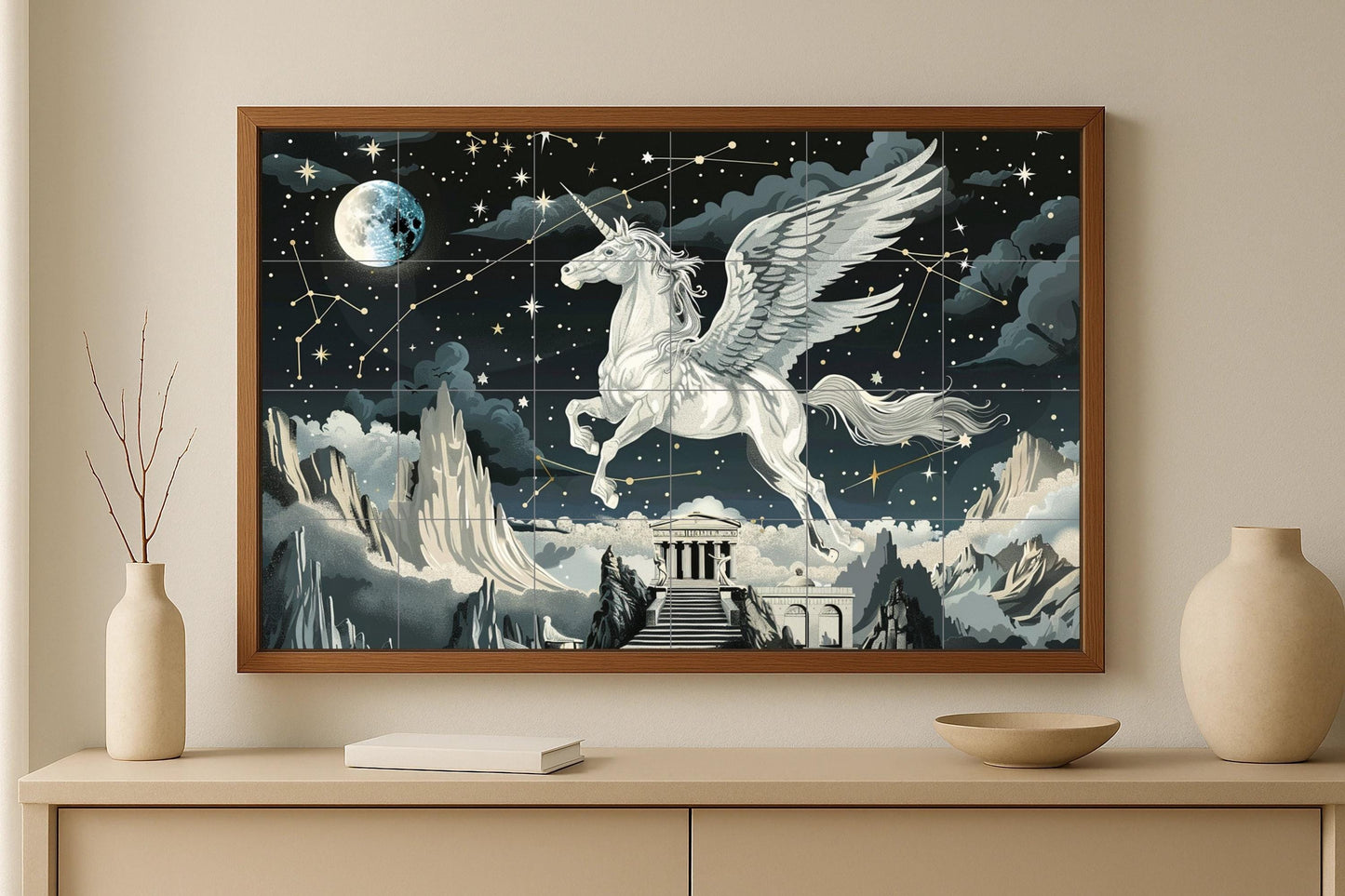 Mythical Pegasus Tile Mural • Greek Constellation Ceramic Panel • Celestial Unicorn Wall Art with Stars, Temples, and Moonlight Charm